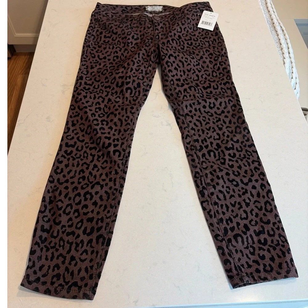 Free People Skinny Pants Womens 27 Brown Leopard Print Animal Indie Sleaze NWT